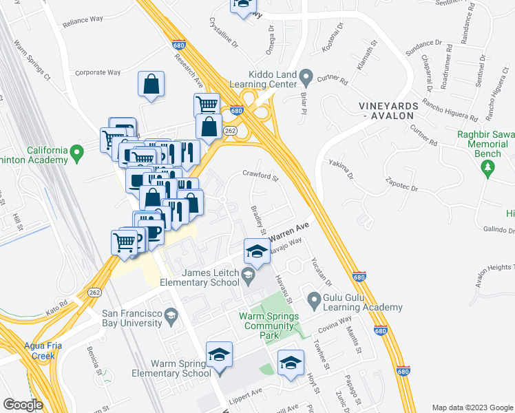 map of restaurants, bars, coffee shops, grocery stores, and more near 46840 Bradley Street in Fremont