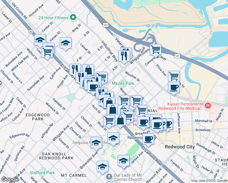 map of restaurants, bars, coffee shops, grocery stores, and more near 1120 Arguello Street in Redwood City