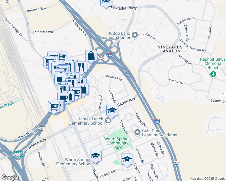map of restaurants, bars, coffee shops, grocery stores, and more near 46840 Bradley Street in Fremont