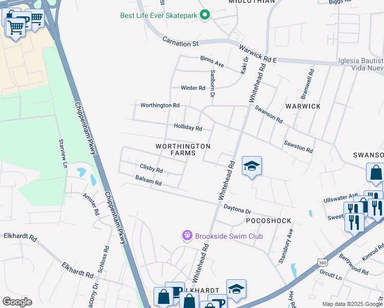 map of restaurants, bars, coffee shops, grocery stores, and more near 1117 Pierpont Road in Richmond