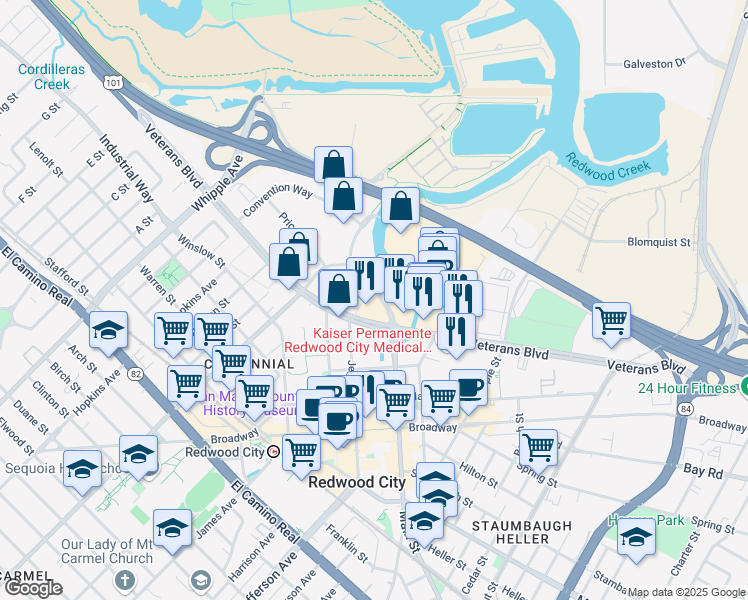 map of restaurants, bars, coffee shops, grocery stores, and more near 386 Main St in Redwood City