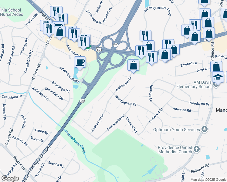 map of restaurants, bars, coffee shops, grocery stores, and more near 424 Wadsworth Drive in Richmond
