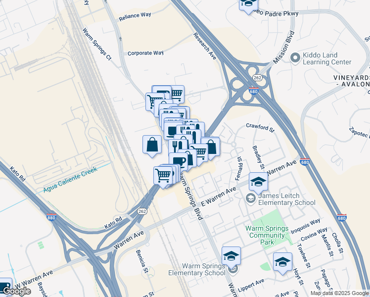 map of restaurants, bars, coffee shops, grocery stores, and more near 46637 Mission Blvd in Fremont