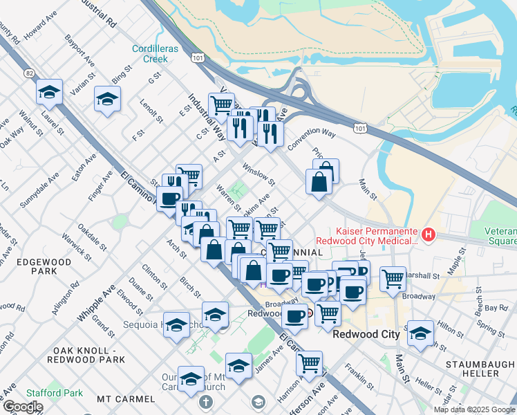 map of restaurants, bars, coffee shops, grocery stores, and more near 721 Hopkins Avenue in Redwood City