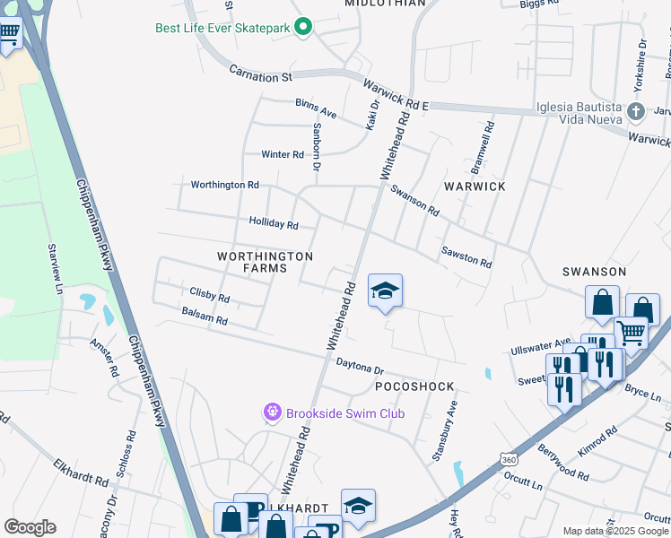 map of restaurants, bars, coffee shops, grocery stores, and more near 1106 Whitehead Road in Richmond