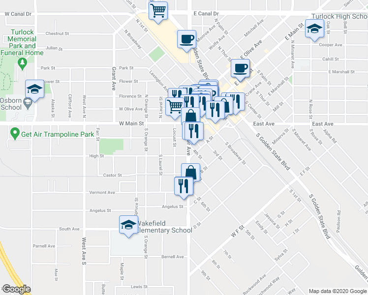 map of restaurants, bars, coffee shops, grocery stores, and more near 245 Lander Avenue in Turlock