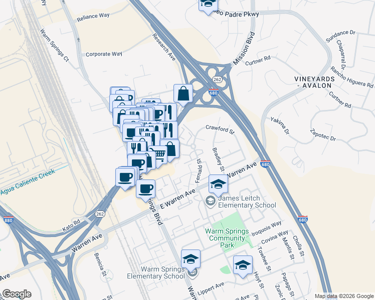 map of restaurants, bars, coffee shops, grocery stores, and more near 386 Sequim Common in Fremont