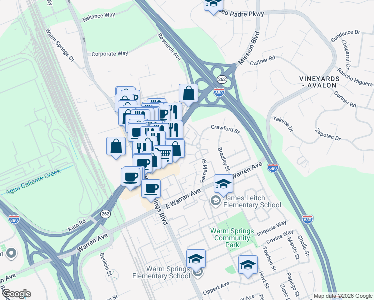 map of restaurants, bars, coffee shops, grocery stores, and more near 5 Winema Common in Fremont