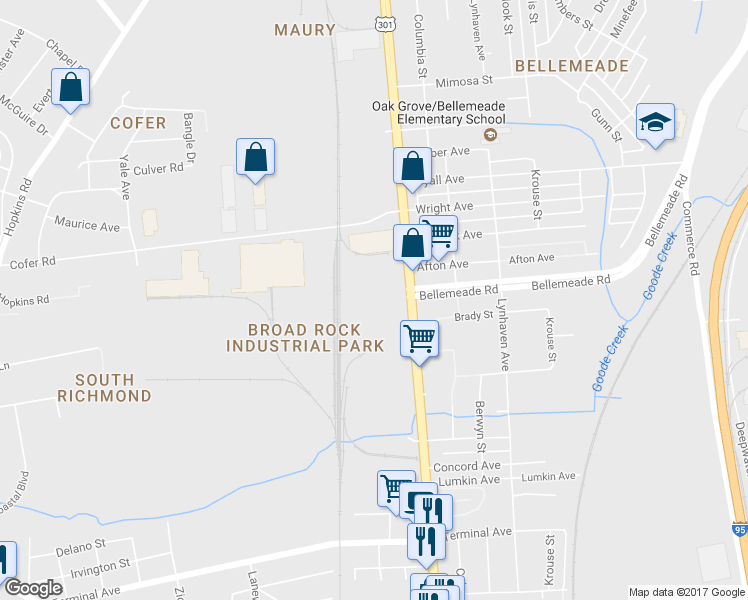 map of restaurants, bars, coffee shops, grocery stores, and more near 2140 Jefferson Davis Highway in Richmond