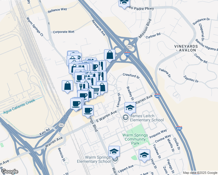 map of restaurants, bars, coffee shops, grocery stores, and more near 5 Winema Common in Fremont