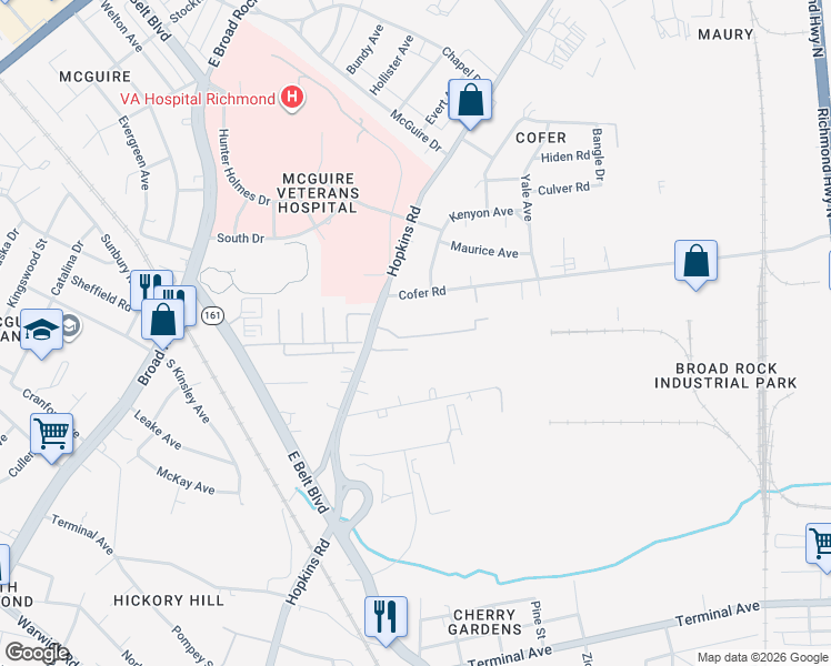 map of restaurants, bars, coffee shops, grocery stores, and more near 1911 Hopkins Road in Richmond