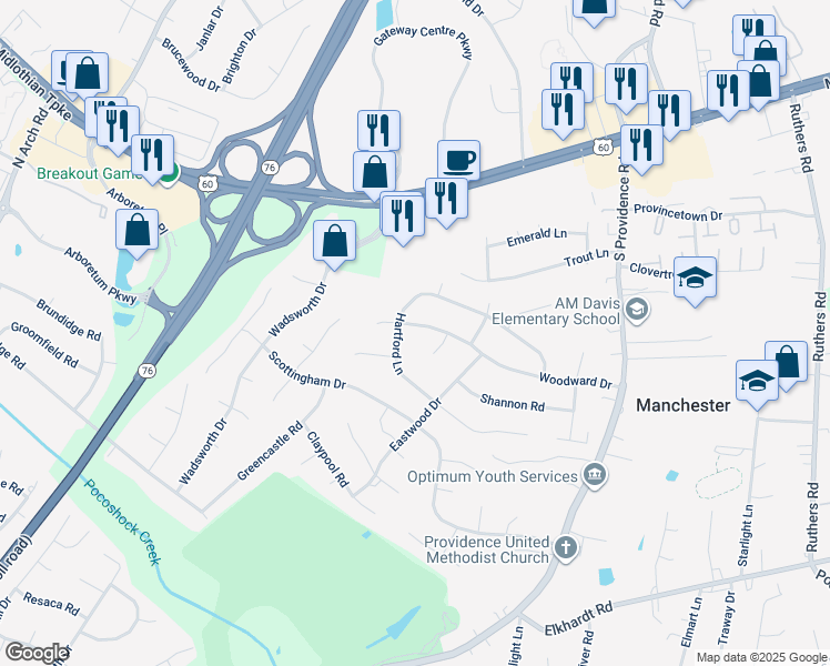 map of restaurants, bars, coffee shops, grocery stores, and more near 8651 Woodward Drive in Richmond