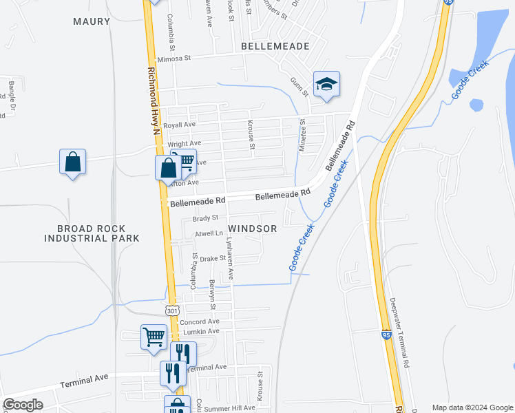 map of restaurants, bars, coffee shops, grocery stores, and more near 2200 Brady Street in Richmond