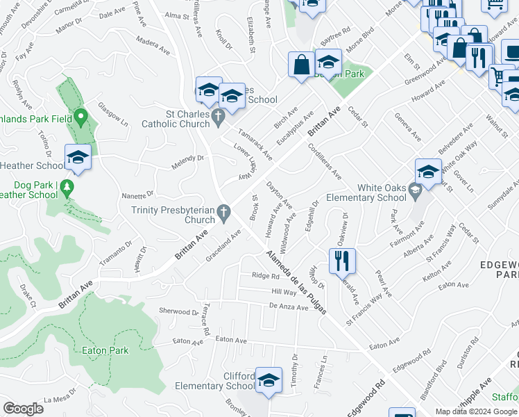map of restaurants, bars, coffee shops, grocery stores, and more near 121 Brook Street in San Carlos