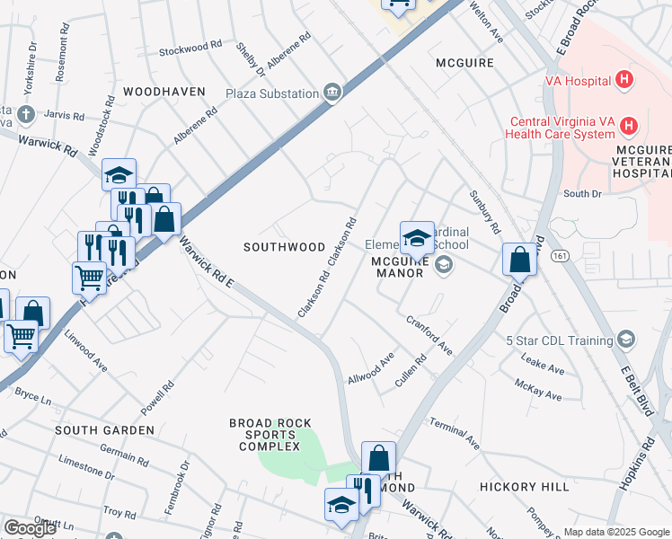 map of restaurants, bars, coffee shops, grocery stores, and more near 1743 Clarkson Road in Richmond