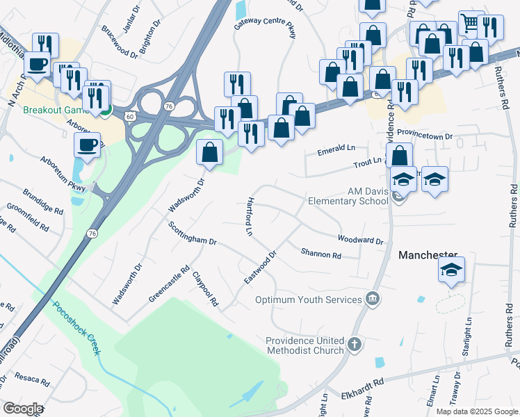 map of restaurants, bars, coffee shops, grocery stores, and more near 8651 Woodward Drive in Richmond