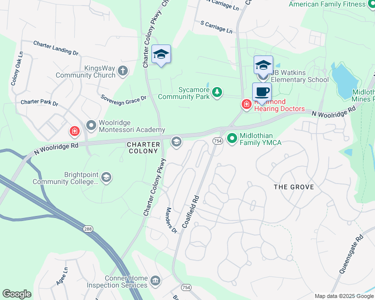 map of restaurants, bars, coffee shops, grocery stores, and more near 721 Woodland Creek Way in Midlothian