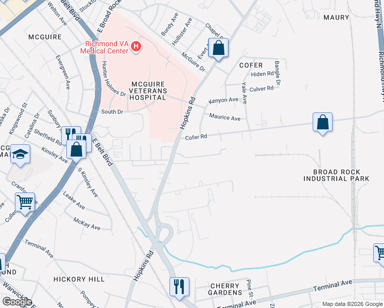 map of restaurants, bars, coffee shops, grocery stores, and more near 1903 Hopkins Road in Richmond
