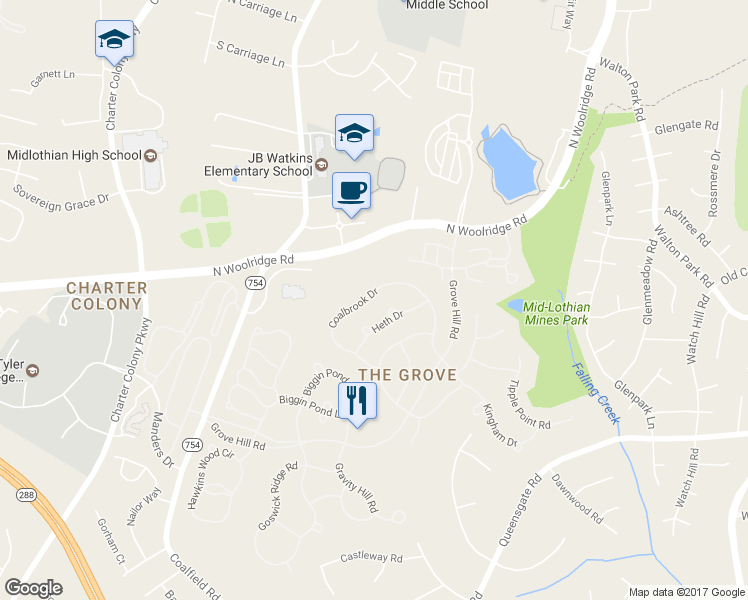 map of restaurants, bars, coffee shops, grocery stores, and more near 618 Coalbrook Drive in Midlothian