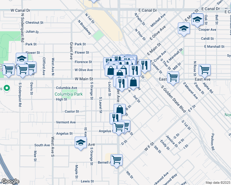 map of restaurants, bars, coffee shops, grocery stores, and more near 245 Lander Avenue in Turlock