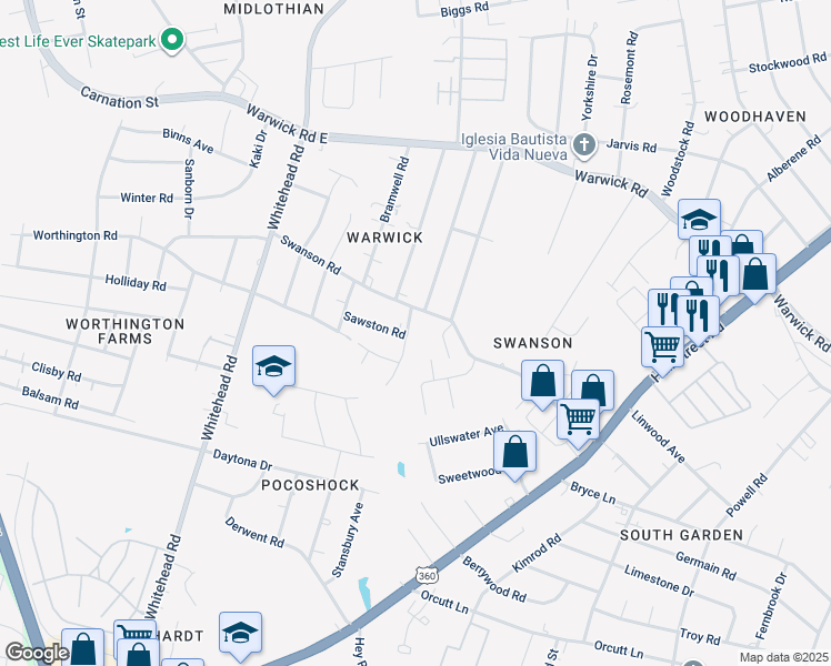 map of restaurants, bars, coffee shops, grocery stores, and more near 1025 Judson Road in Richmond