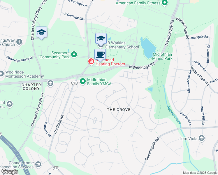 map of restaurants, bars, coffee shops, grocery stores, and more near 618 Coalbrook Drive in Midlothian