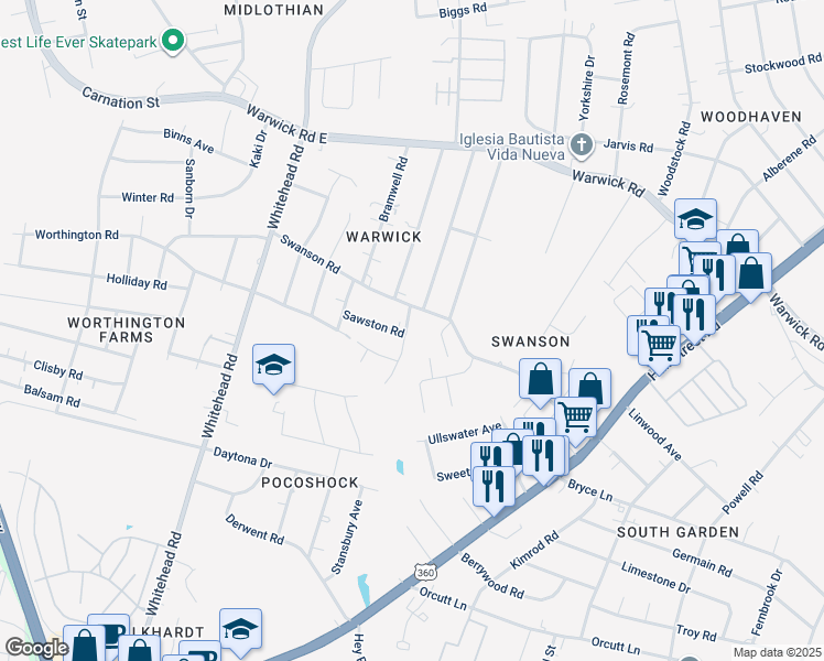 map of restaurants, bars, coffee shops, grocery stores, and more near 1025 Judson Road in Richmond