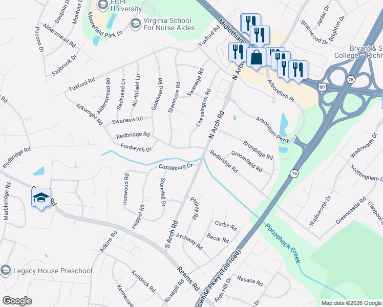 map of restaurants, bars, coffee shops, grocery stores, and more near 9401 Redbridge Road in Richmond