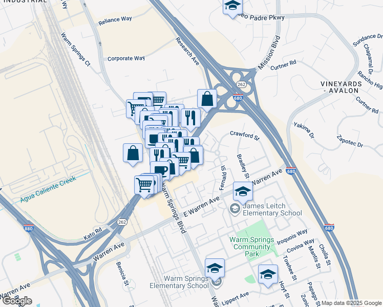 map of restaurants, bars, coffee shops, grocery stores, and more near 46584 Mission Boulevard in Fremont