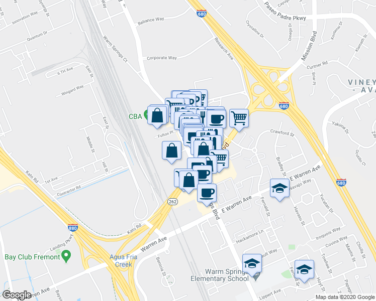 map of restaurants, bars, coffee shops, grocery stores, and more near 46356 Warm Springs Boulevard in Fremont