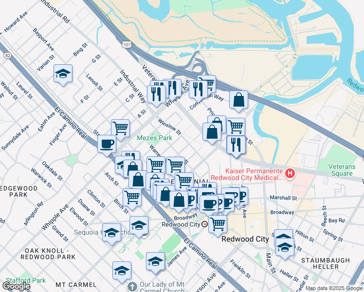 map of restaurants, bars, coffee shops, grocery stores, and more near 418 Samson Street in Redwood City