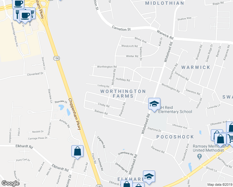 map of restaurants, bars, coffee shops, grocery stores, and more near 1112 Montague Road in Richmond