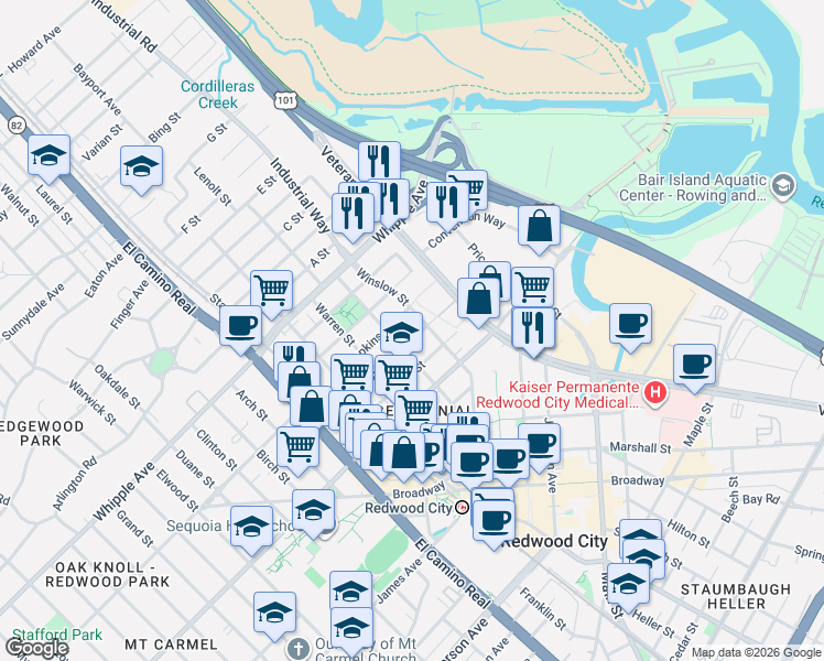 map of restaurants, bars, coffee shops, grocery stores, and more near 427 Samson Street in Redwood City