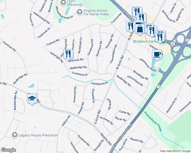 map of restaurants, bars, coffee shops, grocery stores, and more near 9600 Castleburg Drive in Richmond