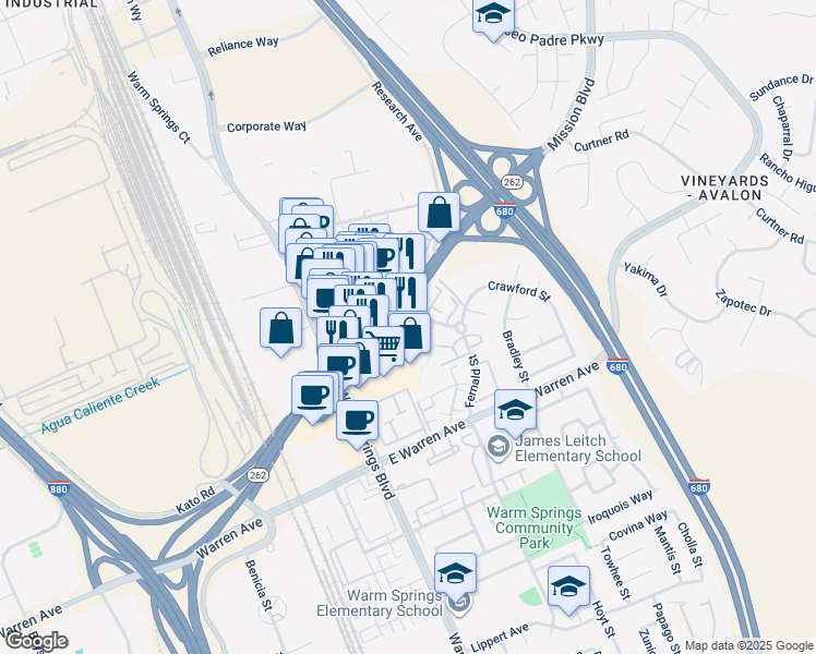 map of restaurants, bars, coffee shops, grocery stores, and more near 5 Winema Common in Fremont