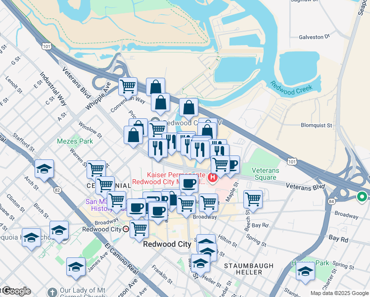 map of restaurants, bars, coffee shops, grocery stores, and more near 353 Main Street in Redwood City