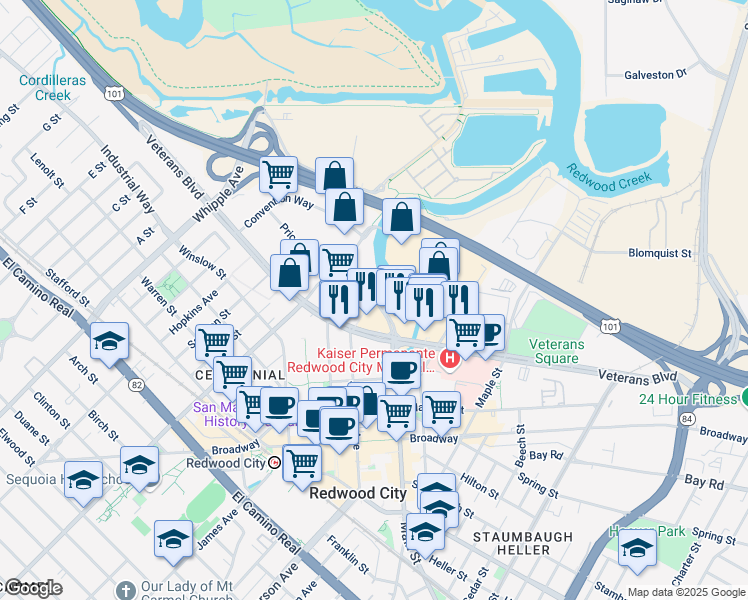map of restaurants, bars, coffee shops, grocery stores, and more near 386 Main Street in Redwood City