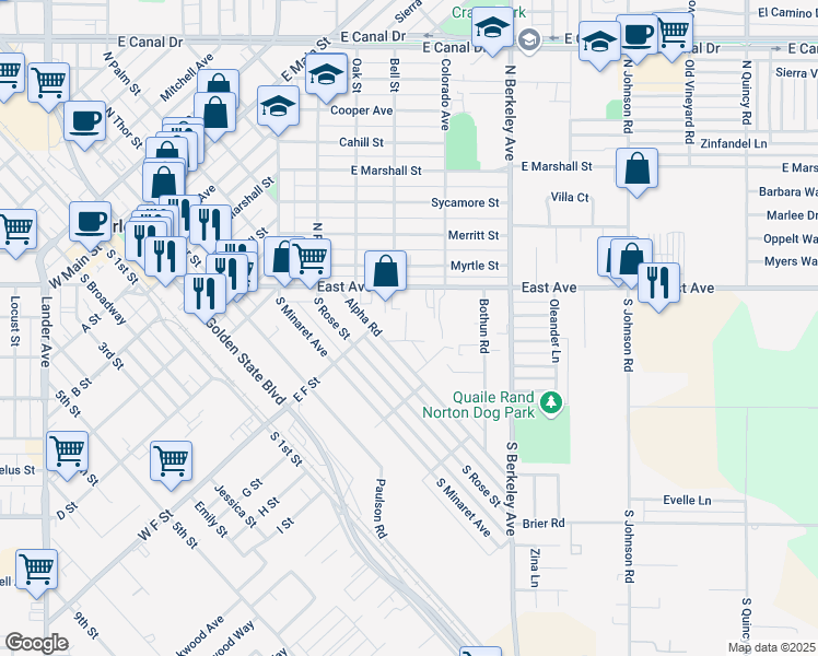map of restaurants, bars, coffee shops, grocery stores, and more near 743 Alpha Road in Turlock