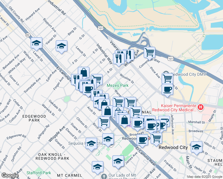 map of restaurants, bars, coffee shops, grocery stores, and more near 246 Standish Street in Redwood City