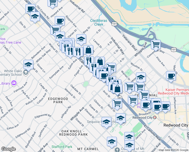map of restaurants, bars, coffee shops, grocery stores, and more near 314 El Camino Real in Redwood City