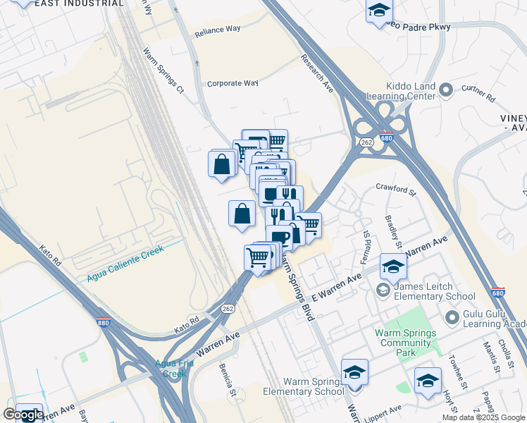 map of restaurants, bars, coffee shops, grocery stores, and more near 46457 Warm Springs Blvd in Fremont