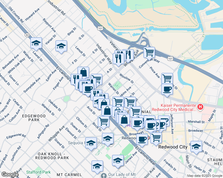 map of restaurants, bars, coffee shops, grocery stores, and more near 280 Howland Street in Redwood City