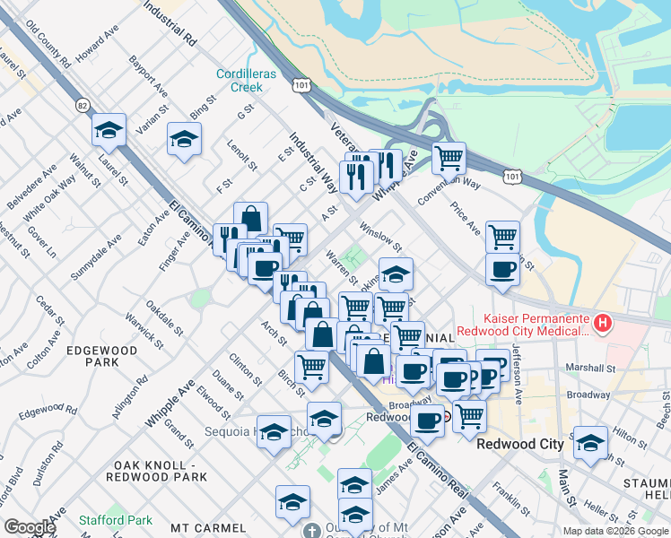 map of restaurants, bars, coffee shops, grocery stores, and more near 280 Howland Street in Redwood City