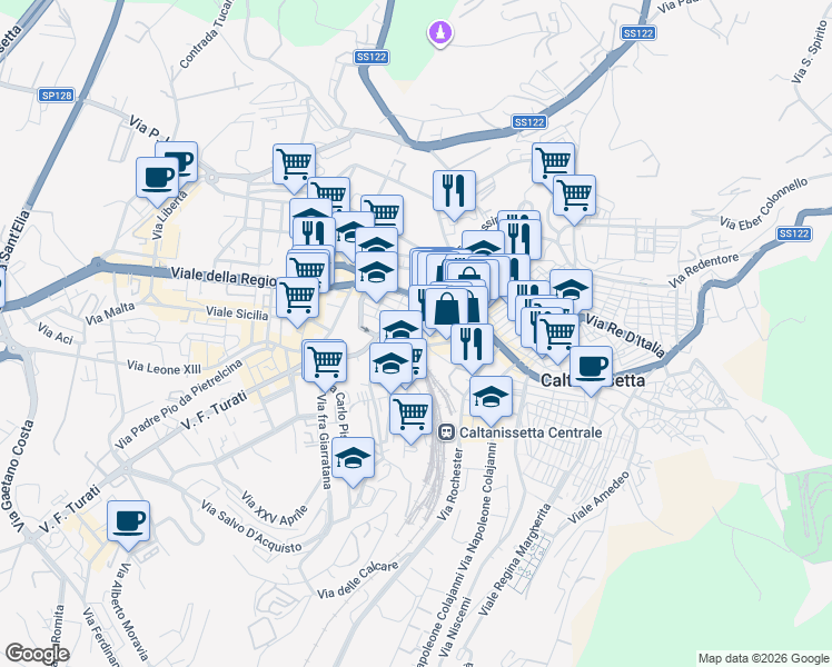 map of restaurants, bars, coffee shops, grocery stores, and more near 18 Piazza Don Luigi Sturzo in Caltanissetta