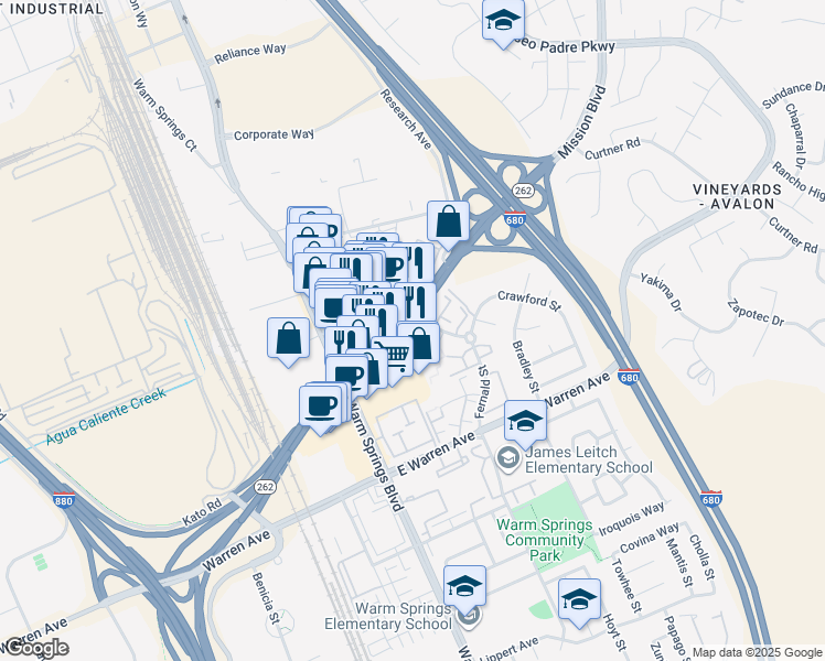 map of restaurants, bars, coffee shops, grocery stores, and more near 46584 Mission Boulevard in Fremont
