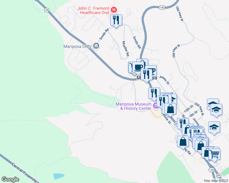map of restaurants, bars, coffee shops, grocery stores, and more near 5141 Fournier Road in Mariposa