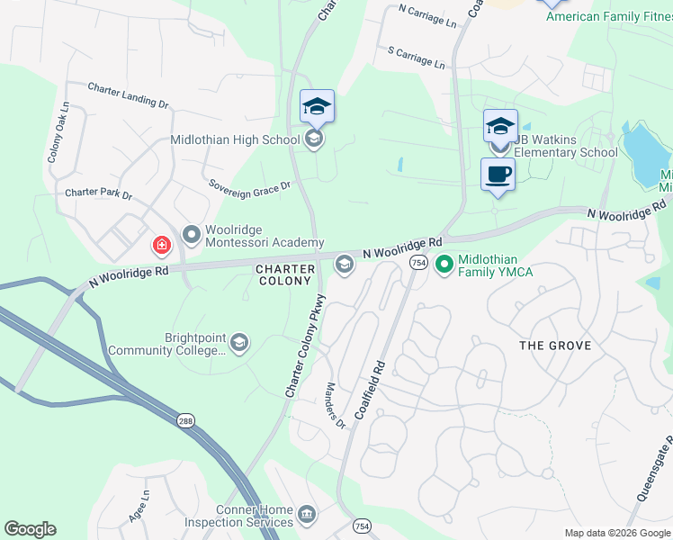 map of restaurants, bars, coffee shops, grocery stores, and more near 825 Charter Colony Parkway in Midlothian