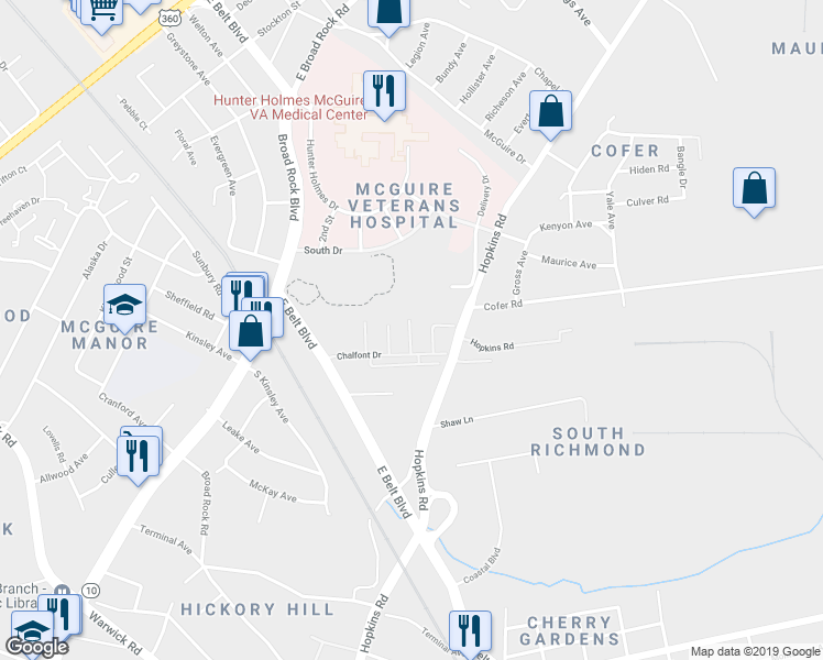 map of restaurants, bars, coffee shops, grocery stores, and more near 2210 Chalfont Drive in Richmond