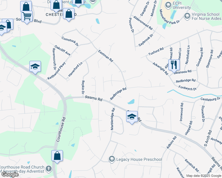 map of restaurants, bars, coffee shops, grocery stores, and more near 12 Big Meadows Court in Chesterfield County