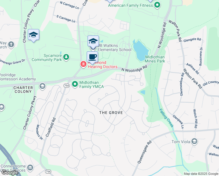 map of restaurants, bars, coffee shops, grocery stores, and more near 712 Coalbrook Drive in Midlothian